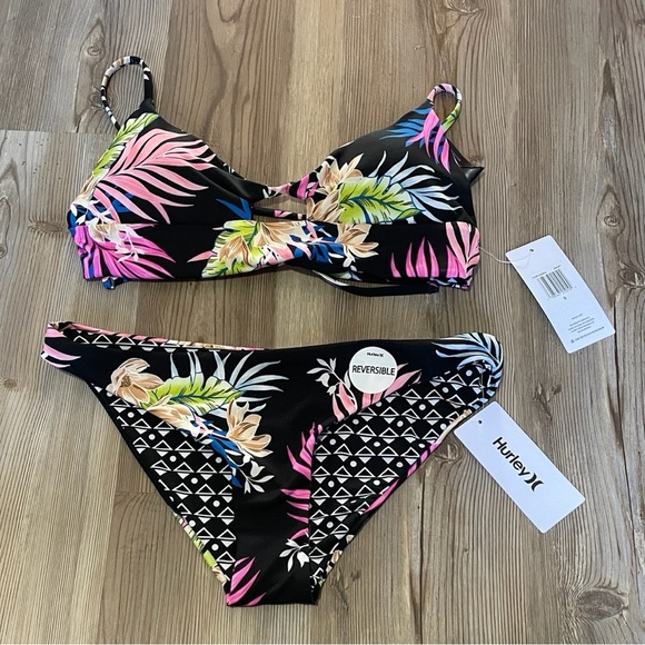 Hurley Hana reversible Bikini Black Tropical print Size S NEW Beach Vacation - Picture 7 of 15